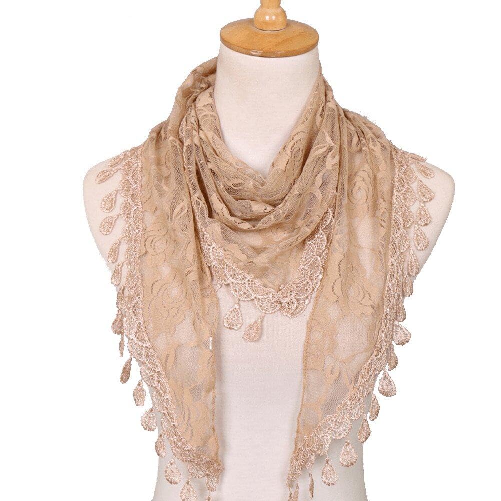 Lpitoy Women's Khaki Triangle Wrap Lady Shawl Flower Lace Scarf Tassel Shawls Scarves Spring Summer Hollow Triangle Scarf