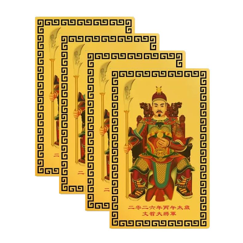 4 Pcs Feng Shui Tai Sui Amulet Gold Cards 2026 Year of The Horse General Wen Zhe Amulet Eliminate Evil Bring Luck Happiness Zodiac Auspicious Card Traditional Chinese Amulet Wallet Decoration