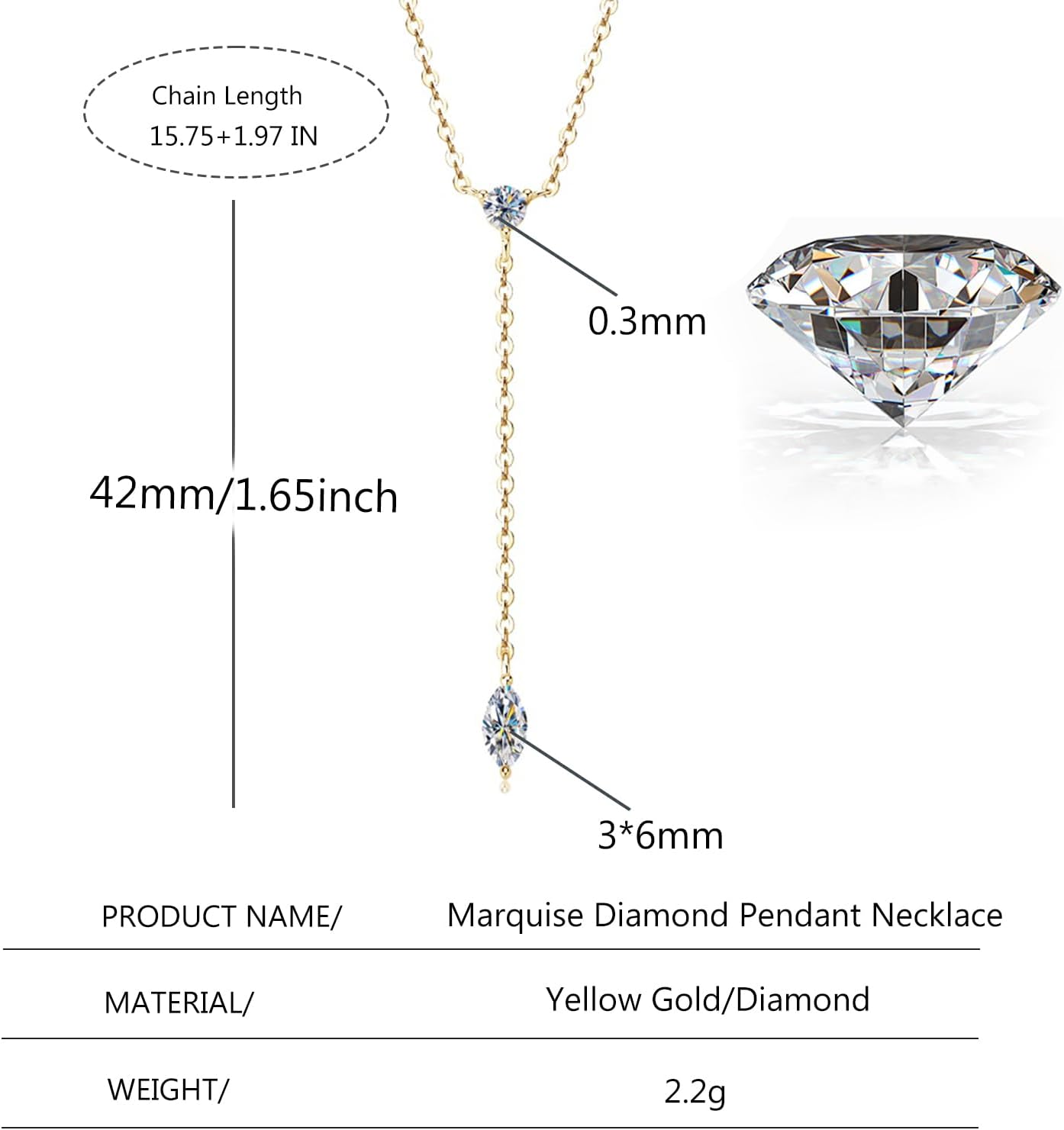 14K Gold over S925 Sterling Silver Marquise Diamond Pendant Necklace, VVS1 D-Color, Stylish Choice for Women