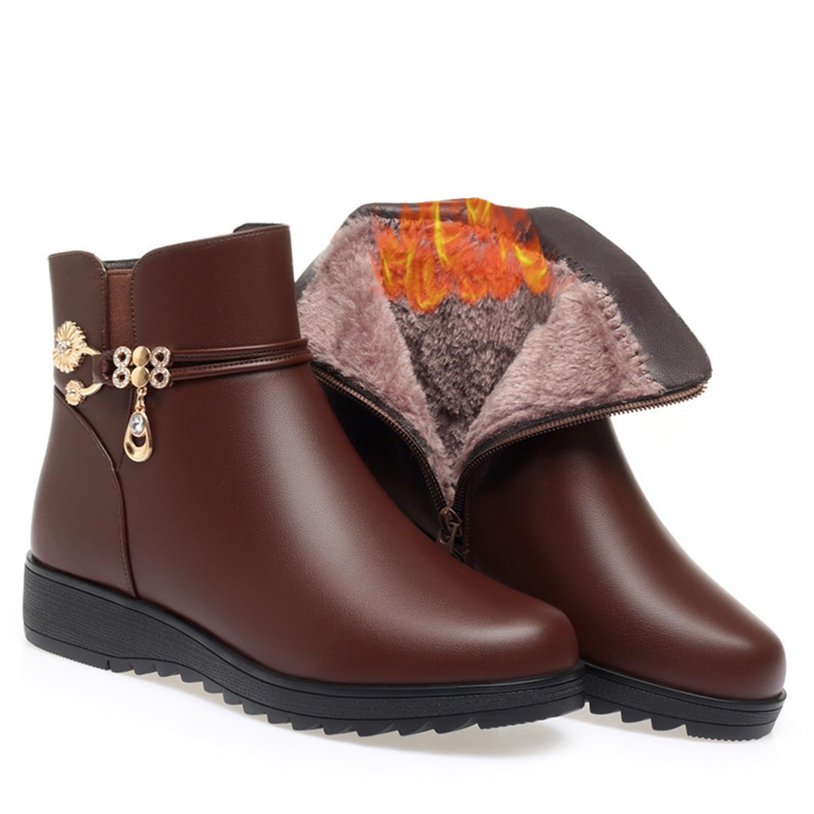 Womens Winter Warm Platform Wedges Ankle Booties Leather Side Zipper Sparkling Rhinestones Shoes Fully Fur Lined Thickening Snow