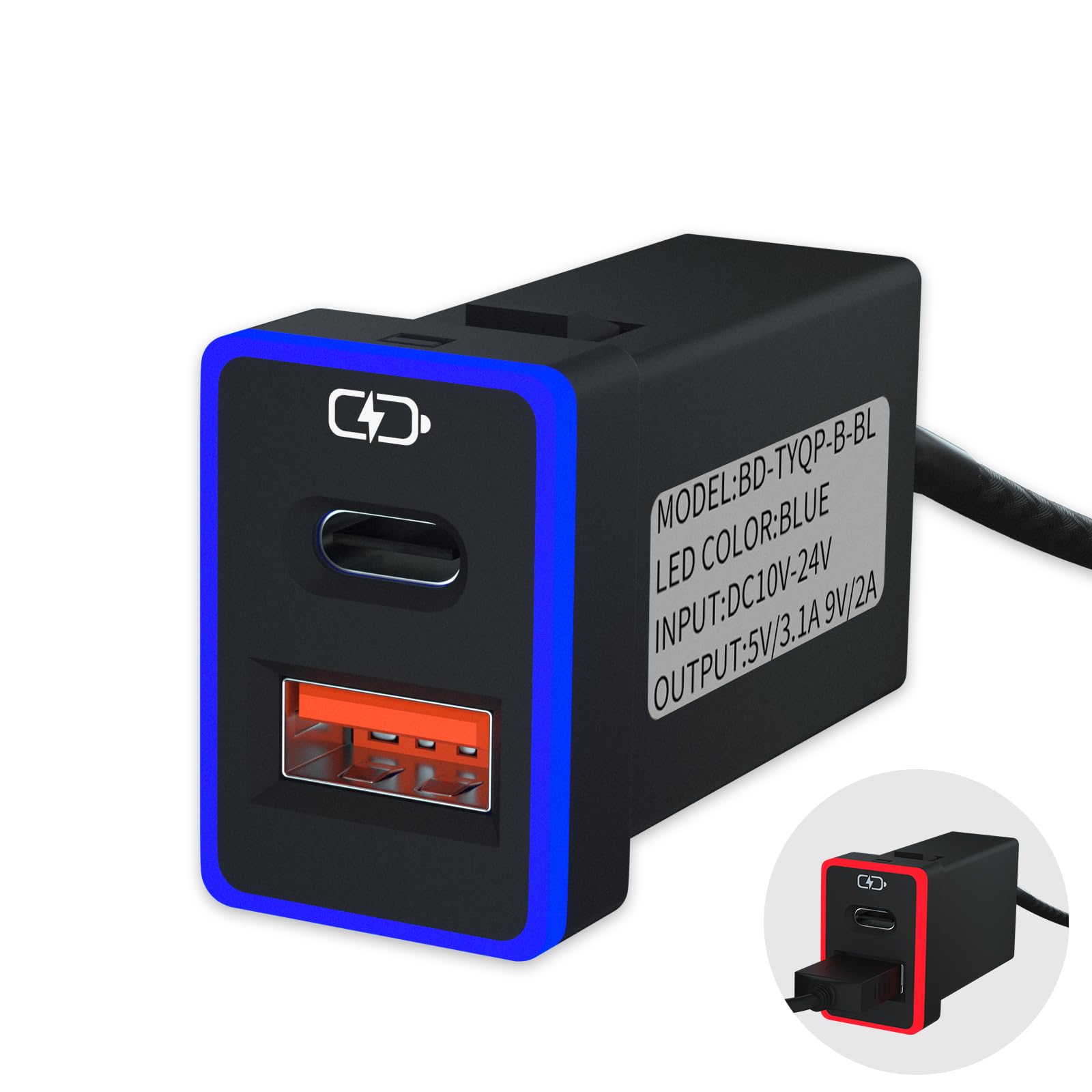 B&DOG XSIN Car Charger PD QC3.0 Fast Charge USB Type C Port Socket Fast Charging with LED Light Show, for Toyota Rav4 Corolla Compatible with Smartphones and Tablets, etc?Blue/Red-1.3x0.9inch?