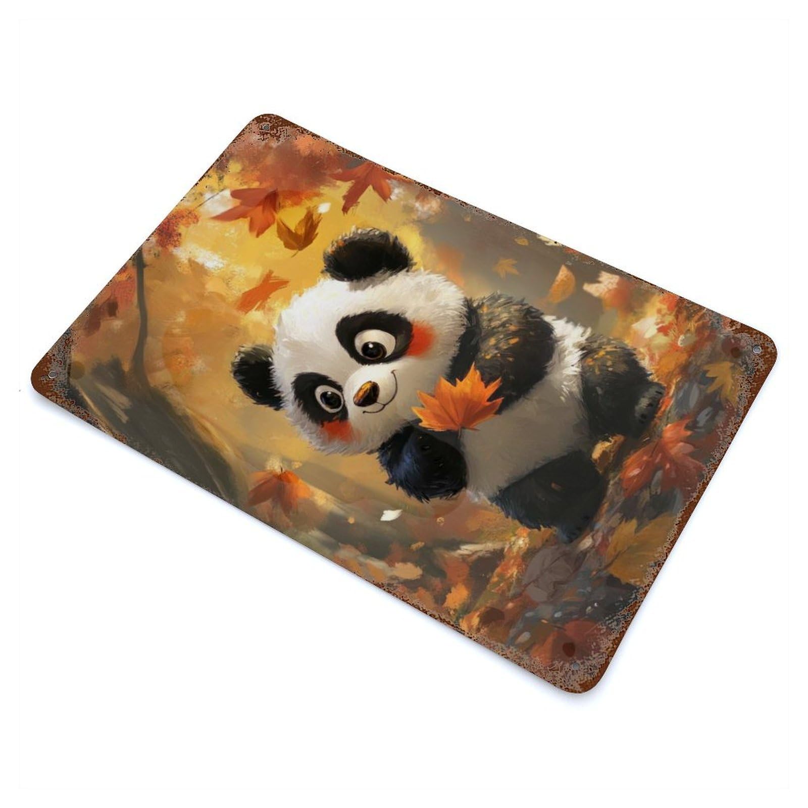 Distressed Metal Wall Sign with Adorable Panda in Autumn Design 11.8"x7.9", for Farmhouse, Kitchen And Entryway Decor, Old School Wall Decor