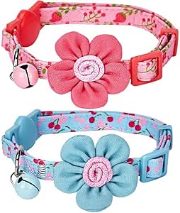 Blueberry Pet Pack of 2 Cat Collars, Lovely Cherry and Floral Prints Adjustable Breakaway Cat Collar with Flower &amp; Bell, Neck 9"-13"
