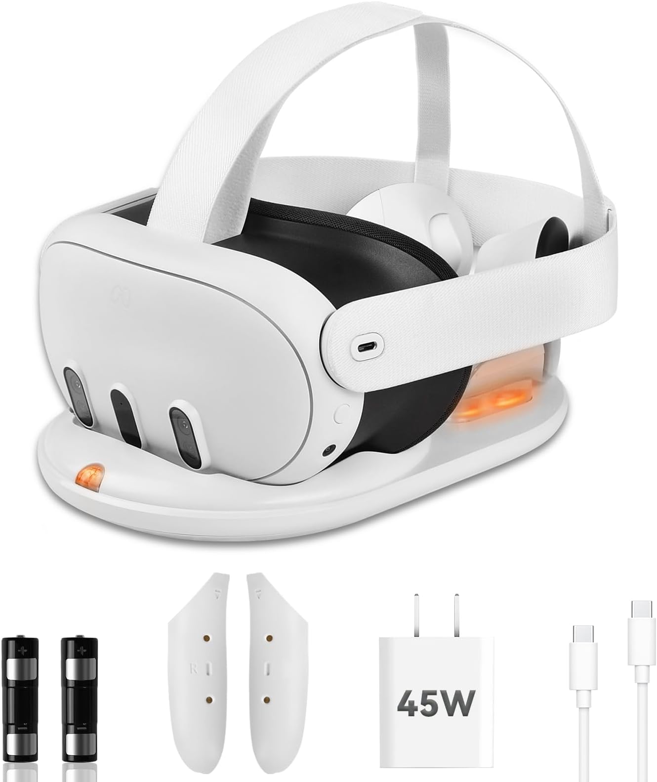 LampelcCharging Dock for Quest 3 Accessories, 45W Fast Charging Station for VR Headset Controllers, with 2X 1800mAh Rechargeable Batteries, Compact VR Charger Display Stand