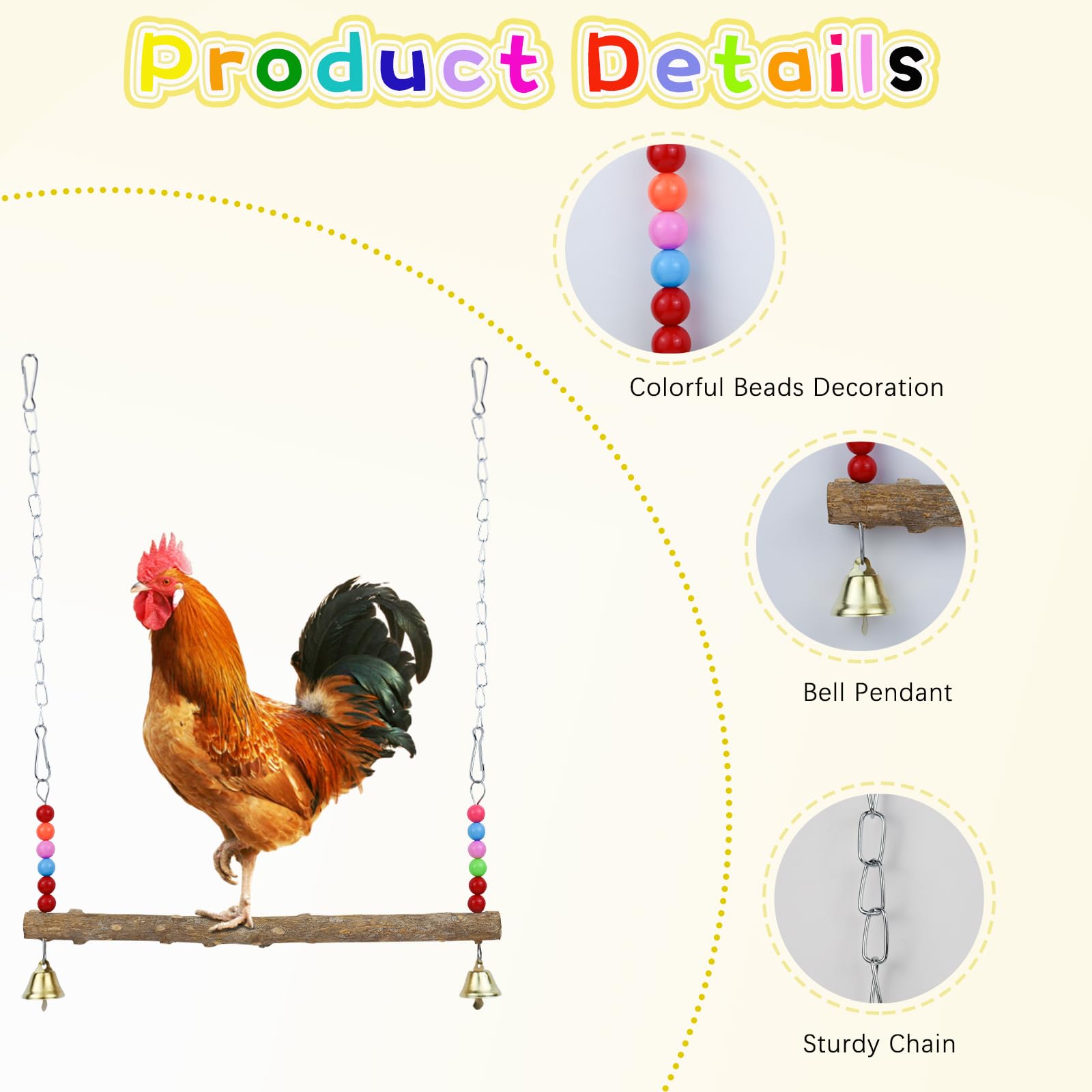 LuckyOpt Chicken Swing, Natural Wooden Hanging Swing Toys Chicken Coop Accessories with Bell and Beads - Image 3