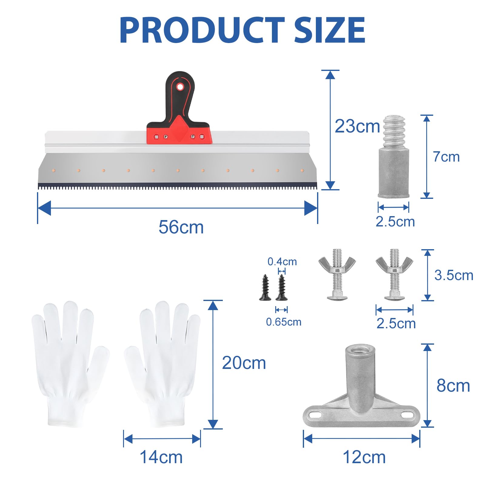 CPORSP Raclette Dentée Aciers Inoxydables 560mm, Platoir Denté avec Poignée Souple, Gants et Adaptateur, pour revêtements de sol/masse de compensation, résine époxy, raclette de surface, outil parfait