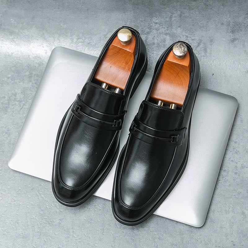 Men's Leather Low Oxford Fashion Slip-On Round Anti-Slip Mid Chunky Heels Formal Dress Loafers Low Top Work Dress Shoes2
