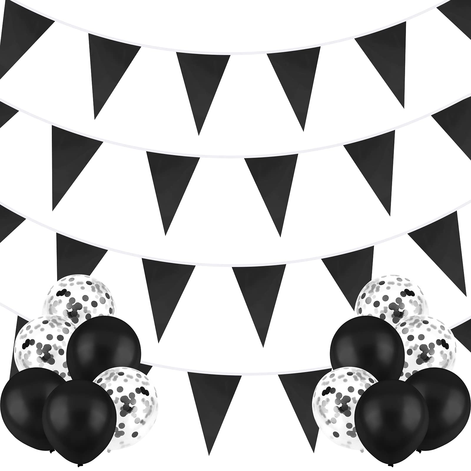 ADXCO Banner Composed with 20 Plastic Triangle Flags Large Fabric Bunting Banners for Photo Backdrop with 12 Colorful Balloons for Indoor Outdoor Party Decoration, Black