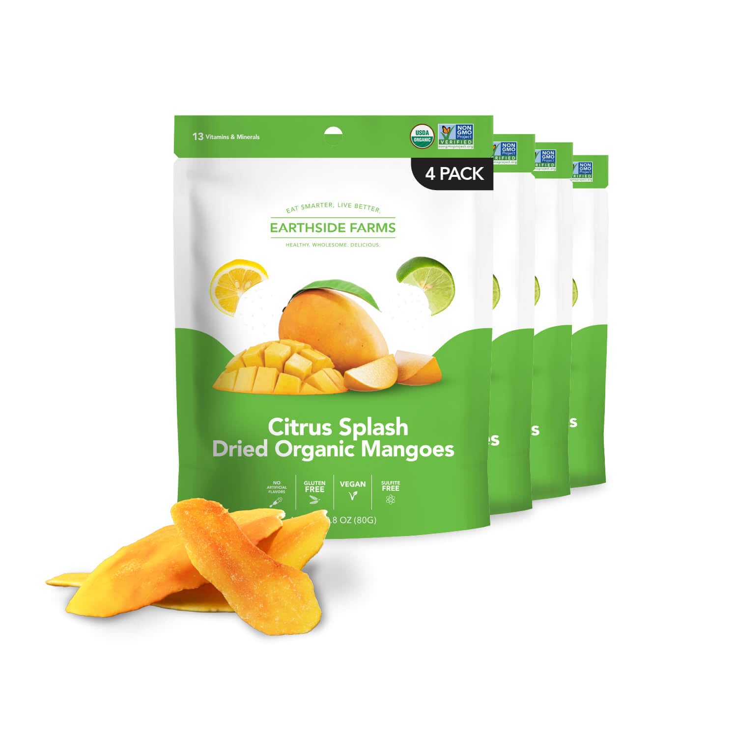 Earthside Farms Citrus Splash Dried Organic Mangoes, 2.8oz, 4 Pack – No Sugar Added, Gluten-Free, Vegan Snack – Naturally Sweet Dried Fruit – Perfect