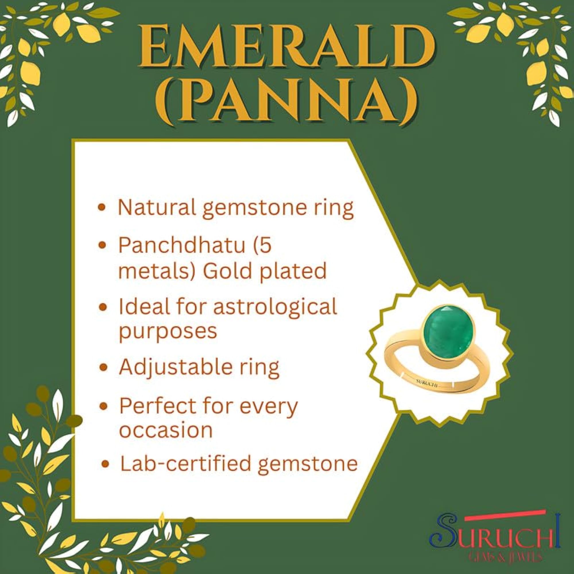 Women's 22K Gold Plated Emerald Adjustable Ring, Astrological Gemstone