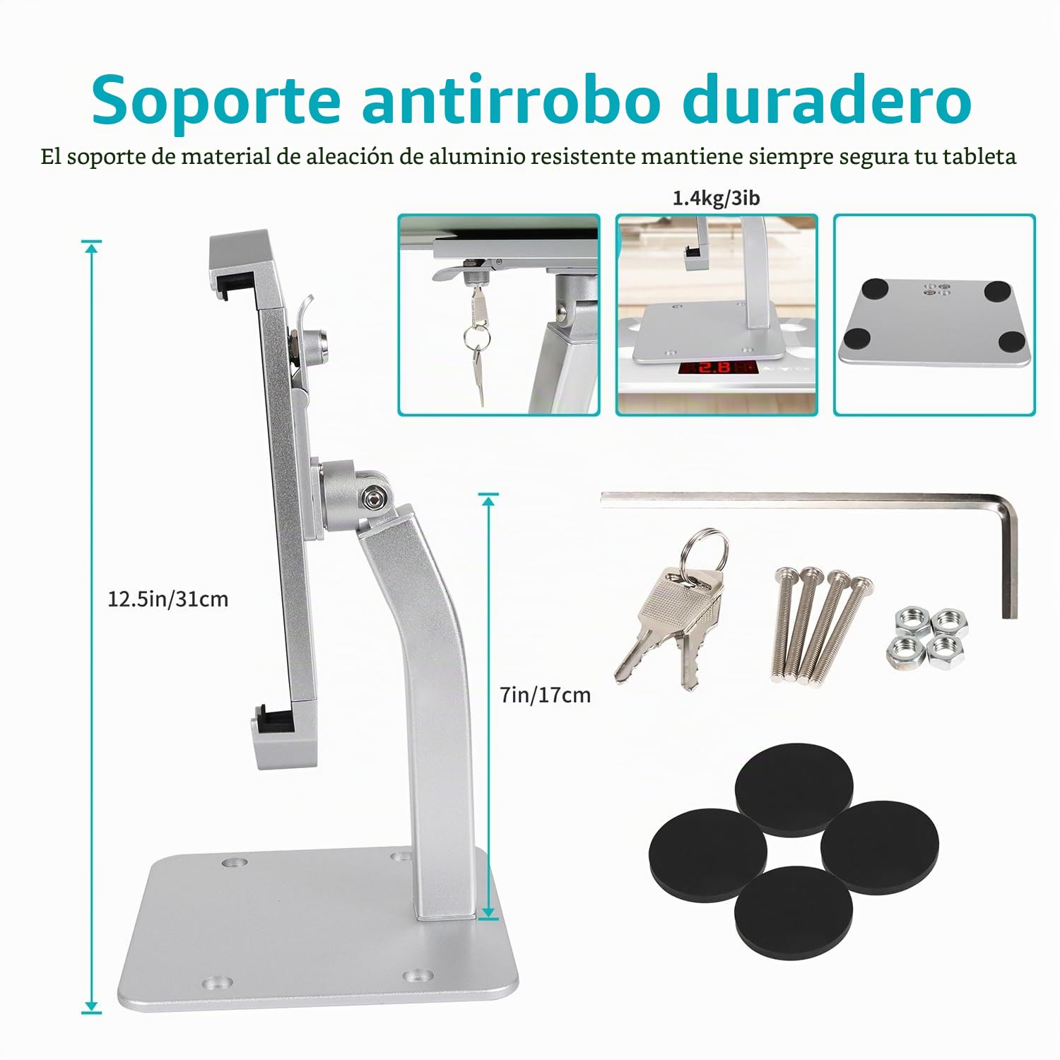 Soporte Tablet Antirrobo Mesa, Soporte Seguridad iPad con Cierre Llave | Estructura Metálica - Comercio Tienda Mostrador Porta para Tabletas de 9 a 14", iPad Pro Air, Galaxy Tabs, Surface Pro