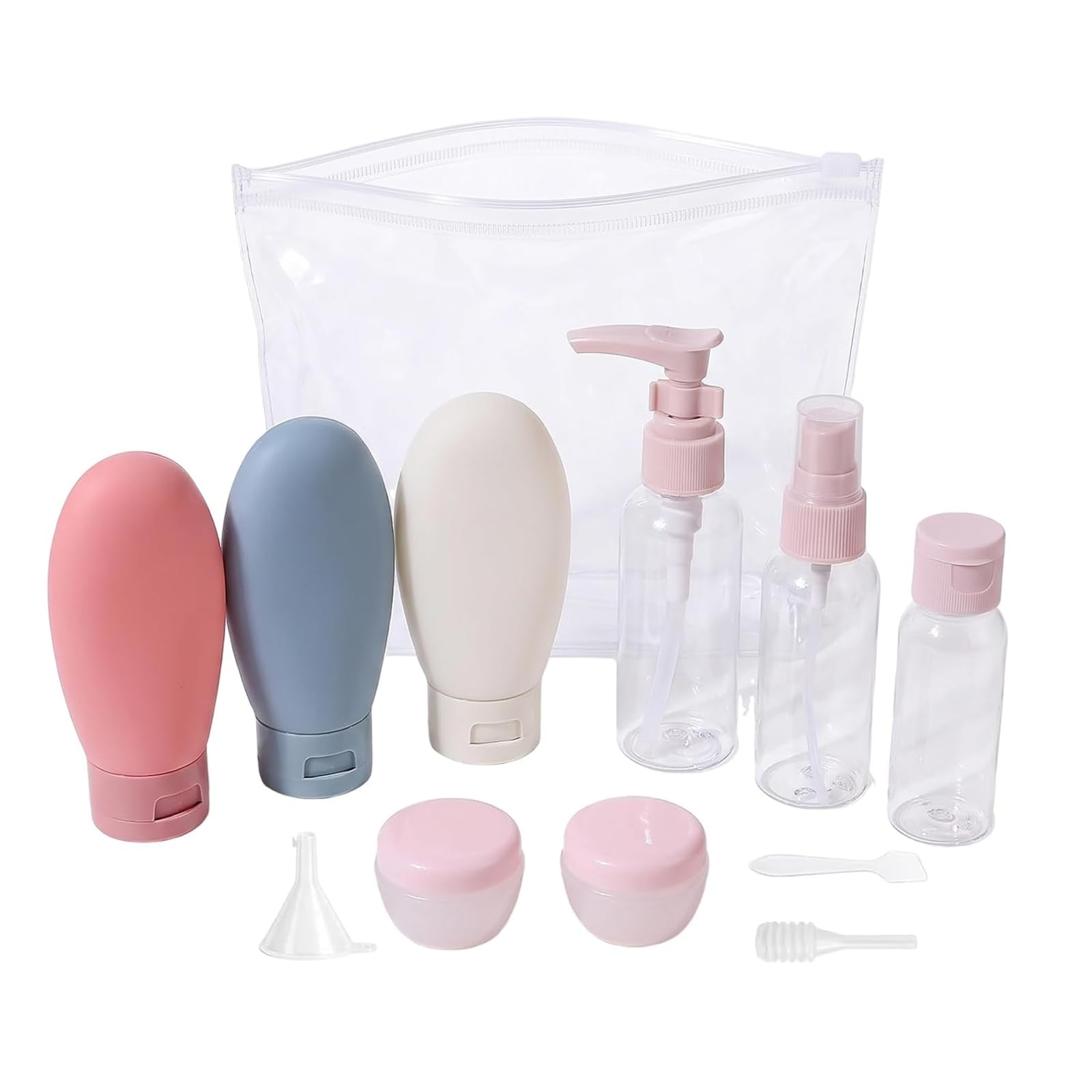travel toiletry bottles set with storage bag | refillable silicone tubes, clear pump containers, squeeze bottles, tsa-friendly design, includes funnel & spatula