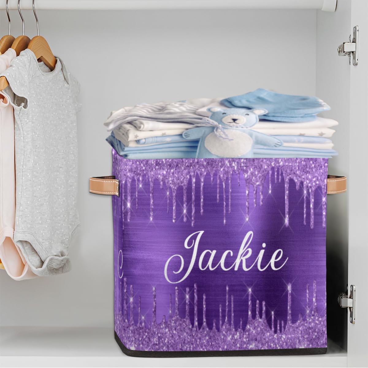 RIRIX Custom Storage Baskets Personalized Storage Bins Basket Boxes with PU Leather Handles for Clothes Bedroom Closet Organizing Toys Books Shelves Storage Boxes-Glitter Purple Drips