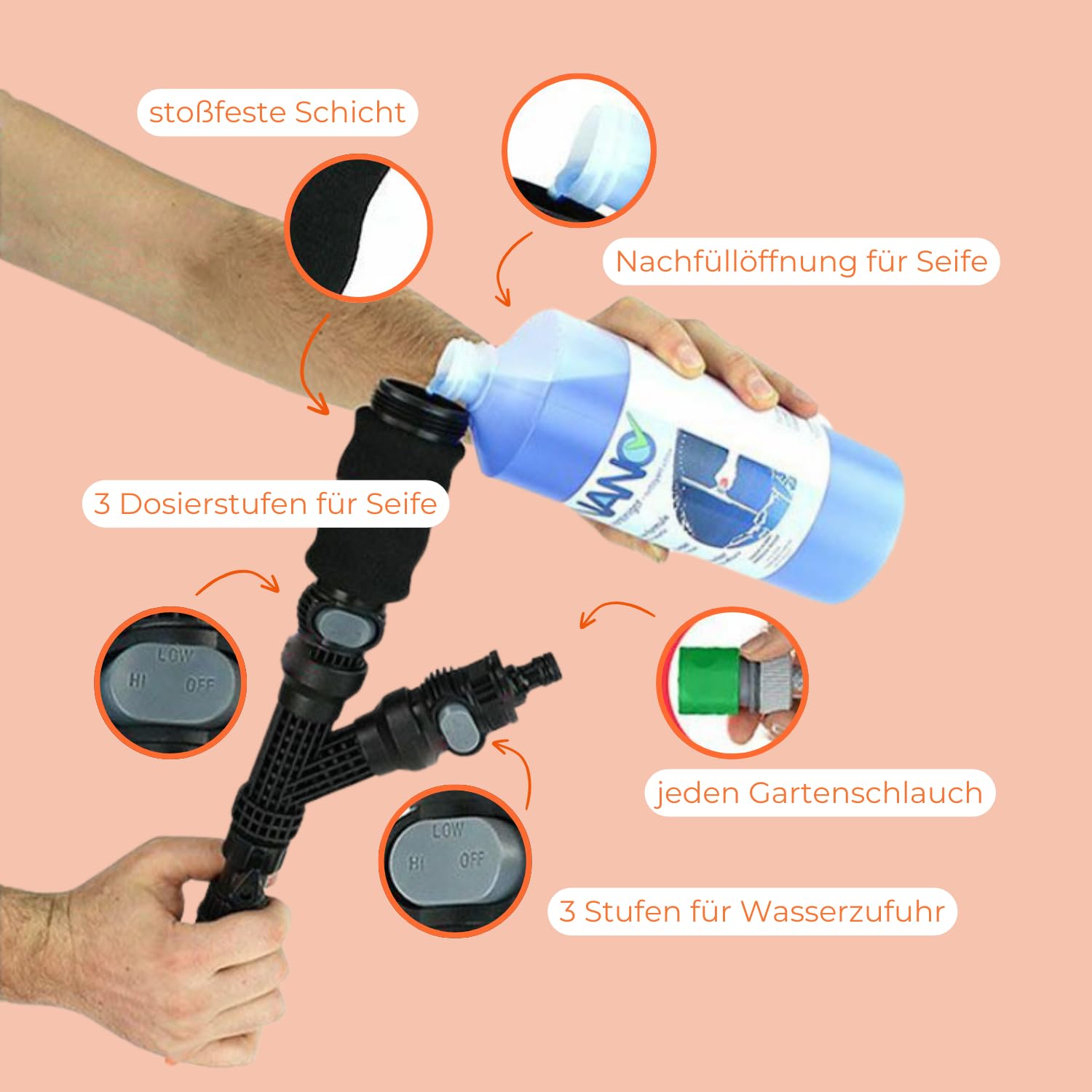 aquascopic 2-in-1 Teleskopstange mit 5-Flächen-Bürste und Fensterwischer– Fensterputzer längenverstellbar – 10m – Fensterreiniger für Sonnenkollektoren - Interner Wasserschlauch