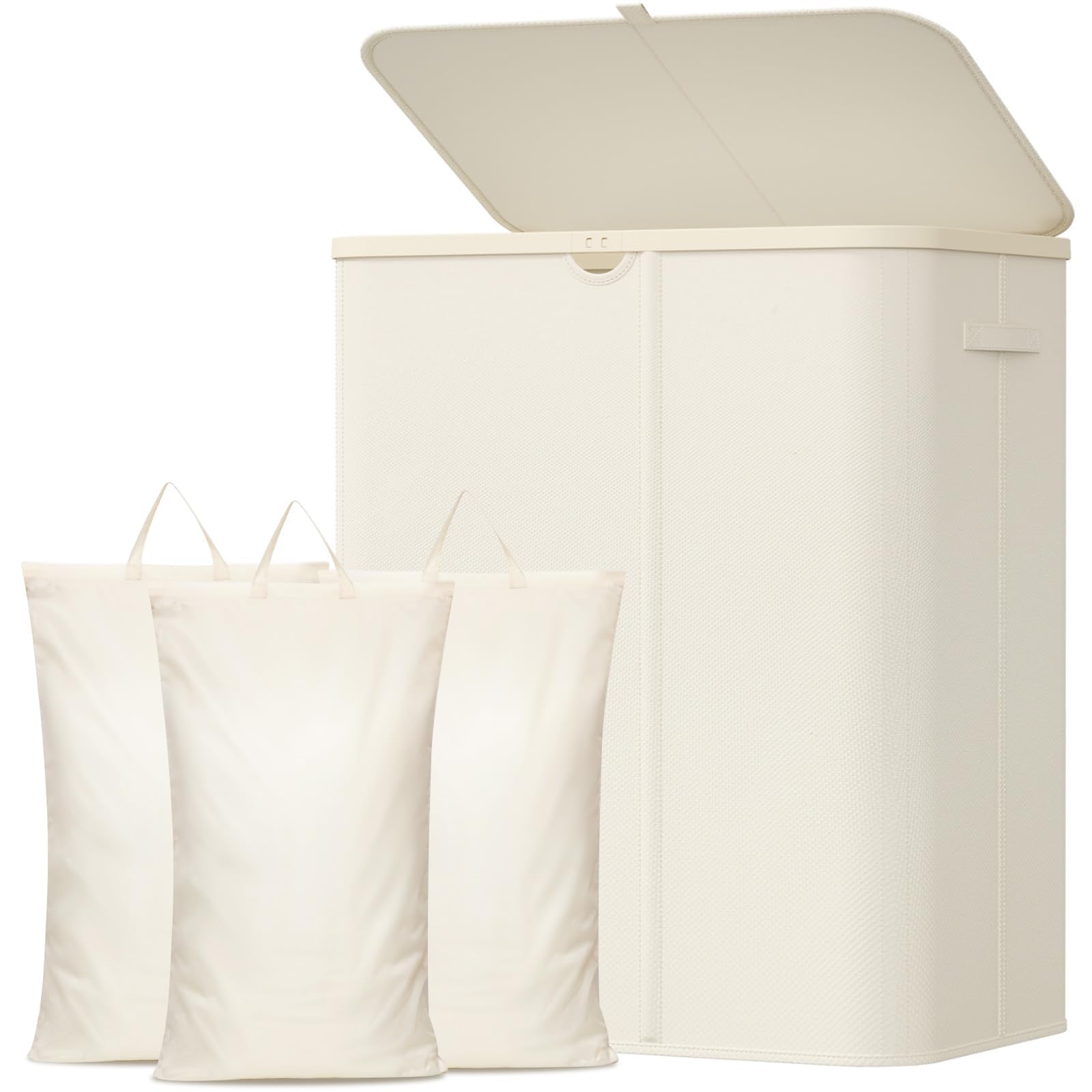 Lifewit 185L 3 Section Laundry Hamper with Lid, Large Laundry Basket with Handles and Removable Bags, Tall Clothes Hamper, Foldable Laundry Sorter for Bedroom Bathroom, White