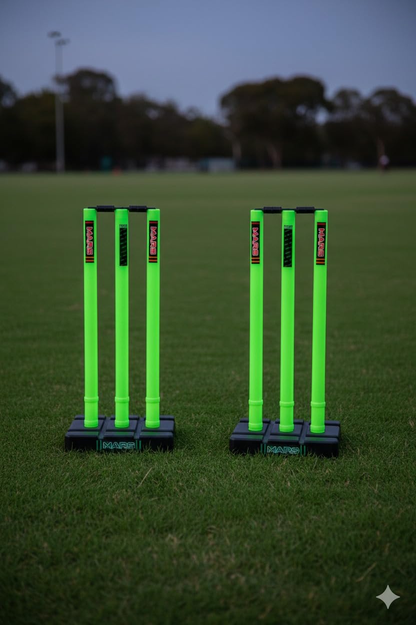 Premium LED Cricket Stumps, Glow in The Dark, Waterproof, Heavy Duty Base, Full Size Wickets Set with 4 Stumps, 2 Bails, 2 Stands, Black-Green