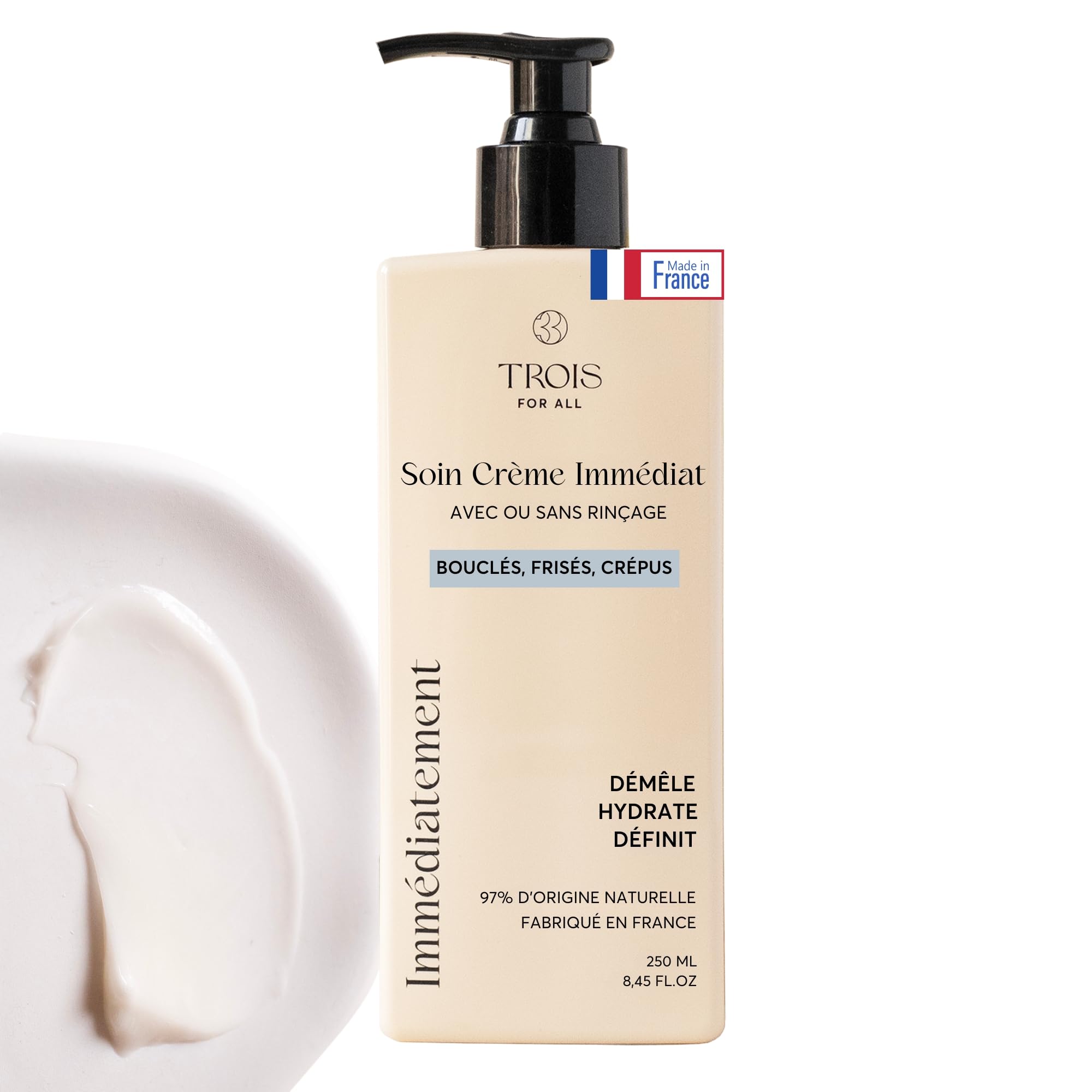 Trois For All Crème Cheveux Bouclés, Soin Crème Immédiat avec ou sans Rinçage, Curly Hair Produit Tout en 1 : Définition des Boucles, Démêlant Cheveux, Après Shampoing, Boost Curl, 250ml