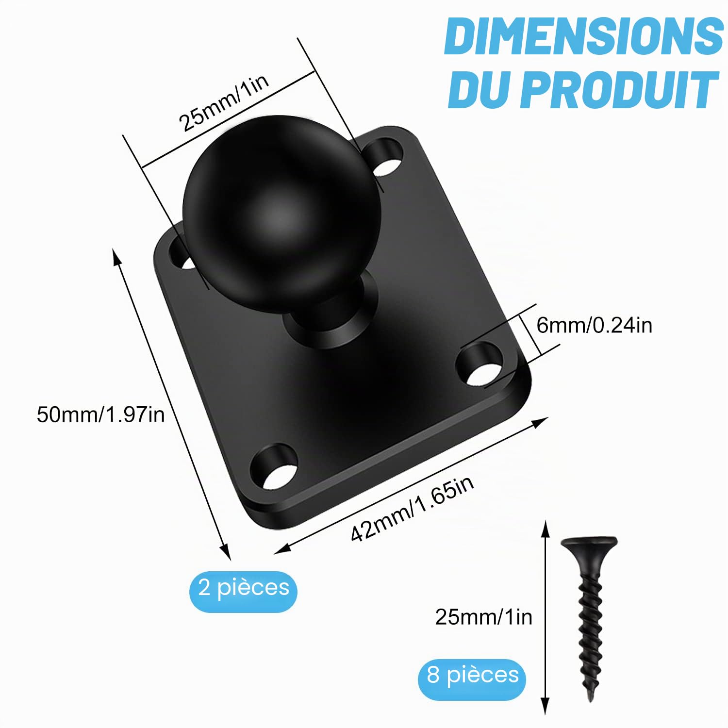 Support Telephone Moto Accessoire Velo Ram Mount Moto Adaptateur de Base à Tête Sphérique de 1 Pouce 2 Pcs Base de Montage Carrée en AluminiumAvec 8 Vis pour Appareil Photo et Caméscope