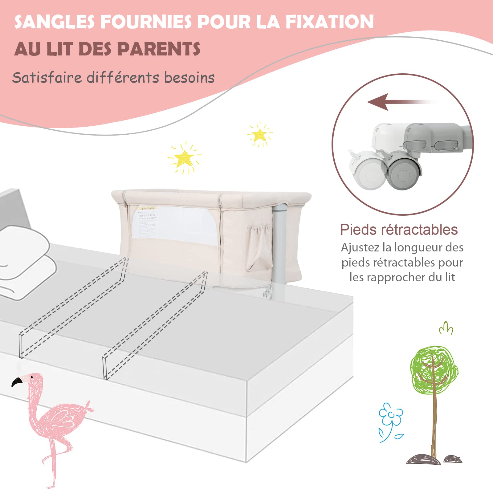 COSTWAY 3 en 1 Lit Cododo Bébé avec Matelas & 5 Hauteur Réglable, Lit Bébé Evolutif avec Inclinaison & 2 Sangles, Roues avec Frein, Sac de Transport, Charge 9kg pour 0-5 Mois, 86x63x81cm
