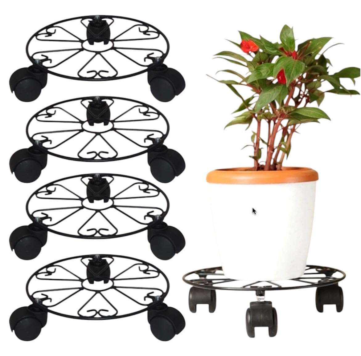 Heavy Duty Metal Plant Stand with Wheels | 50 kg Load Capacity | Powder Coated Round Black Plant Pot Trolley for Indoor, Outdoor, Balcony & Garden | Pack of 4-image-9