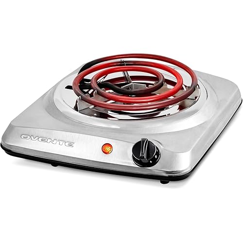 OVENTE Electric Countertop Single Burner, 1000W Cooktop with 6" Stainless Steel Coil Hot Plate, 5 Level Temperature Control, Indicator Light, Compact Cooking Stove and Easy to Clean, Silver BGC101S
