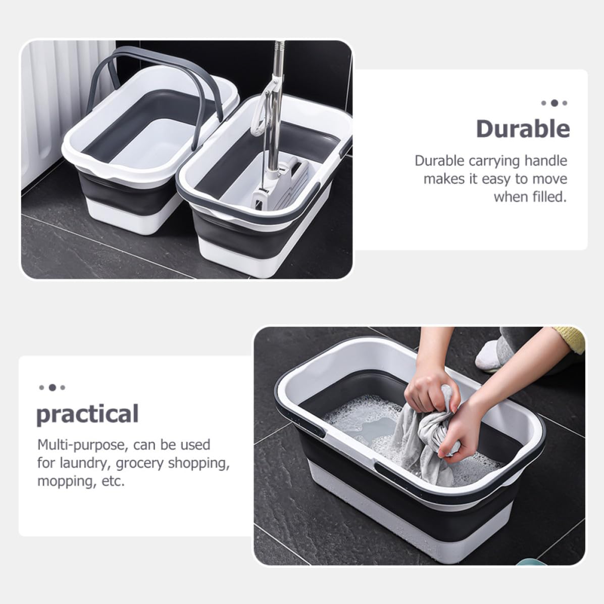Cubo Plegable Portátil Balde Plegable de Plástico Negro para Fregona de 15l con Asa Adecuado para Camping y Uso Doméstico