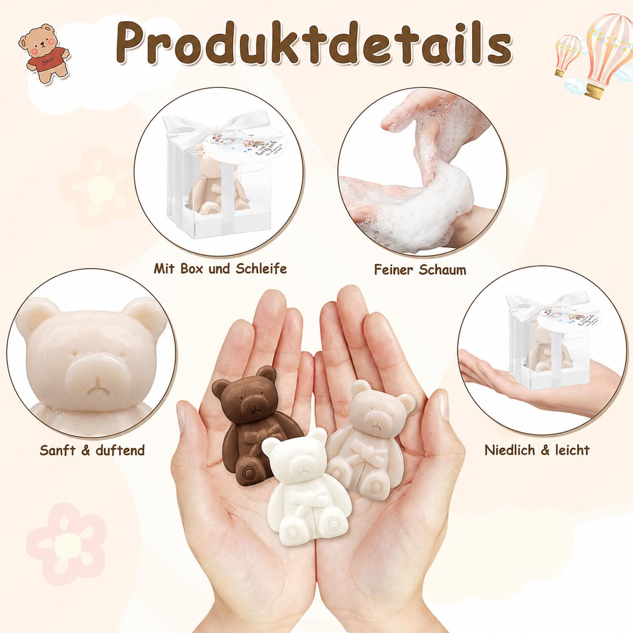 36 Stück Bärchen-Seifen Gastgeschenke, Mini-Seifen mit Geschenkbox & Dankeskarten, Duftseifen für Babyparty, Taufe, Hochzeit, Gender Reveal & Geburtstag – Weiß & Braun