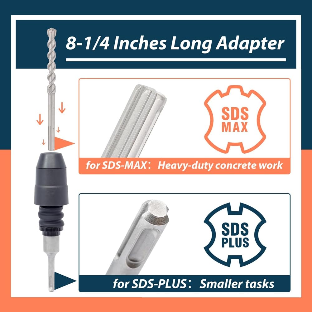 Adaptador para SDS-Plus a SDS-Max de 8-1/4 pulgadas de compatible con adaptador de acero de aleación de martillo rotativo