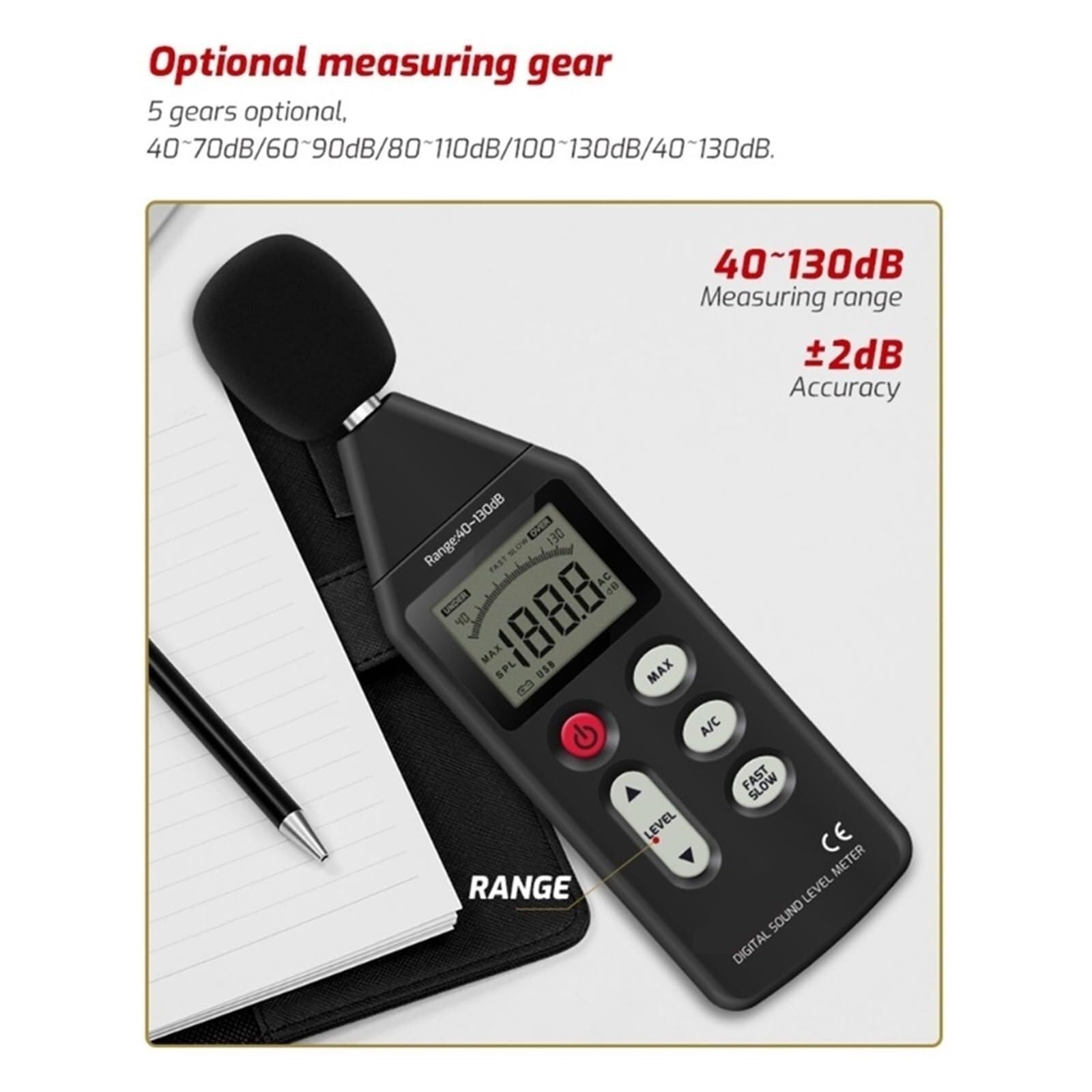 Dezibelmesser, Digitaler Geräuschpegelmesser mit USB-Datenanschluss, AC/DC-Ausgang, genaue Messung