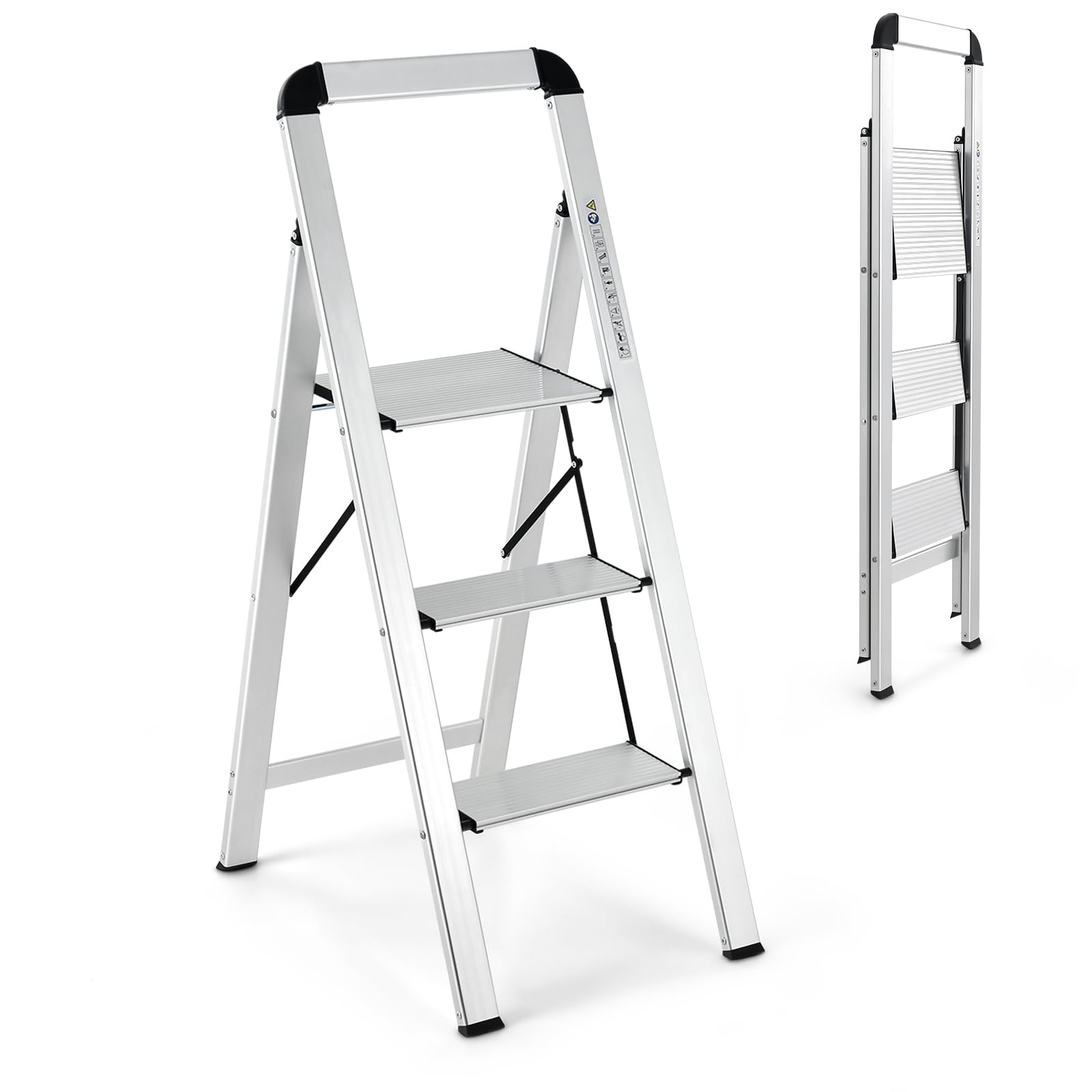 SOARS Scala 3 Gradini in Alluminio, Scaletta Pieghevole con Piedini Antiscivolo, Leggera e Portatile, Portata 150 kg, Attacco & Fibbia di Sicurezza, per Casa, Officina, Garage, 44 X 62 X 109 CM