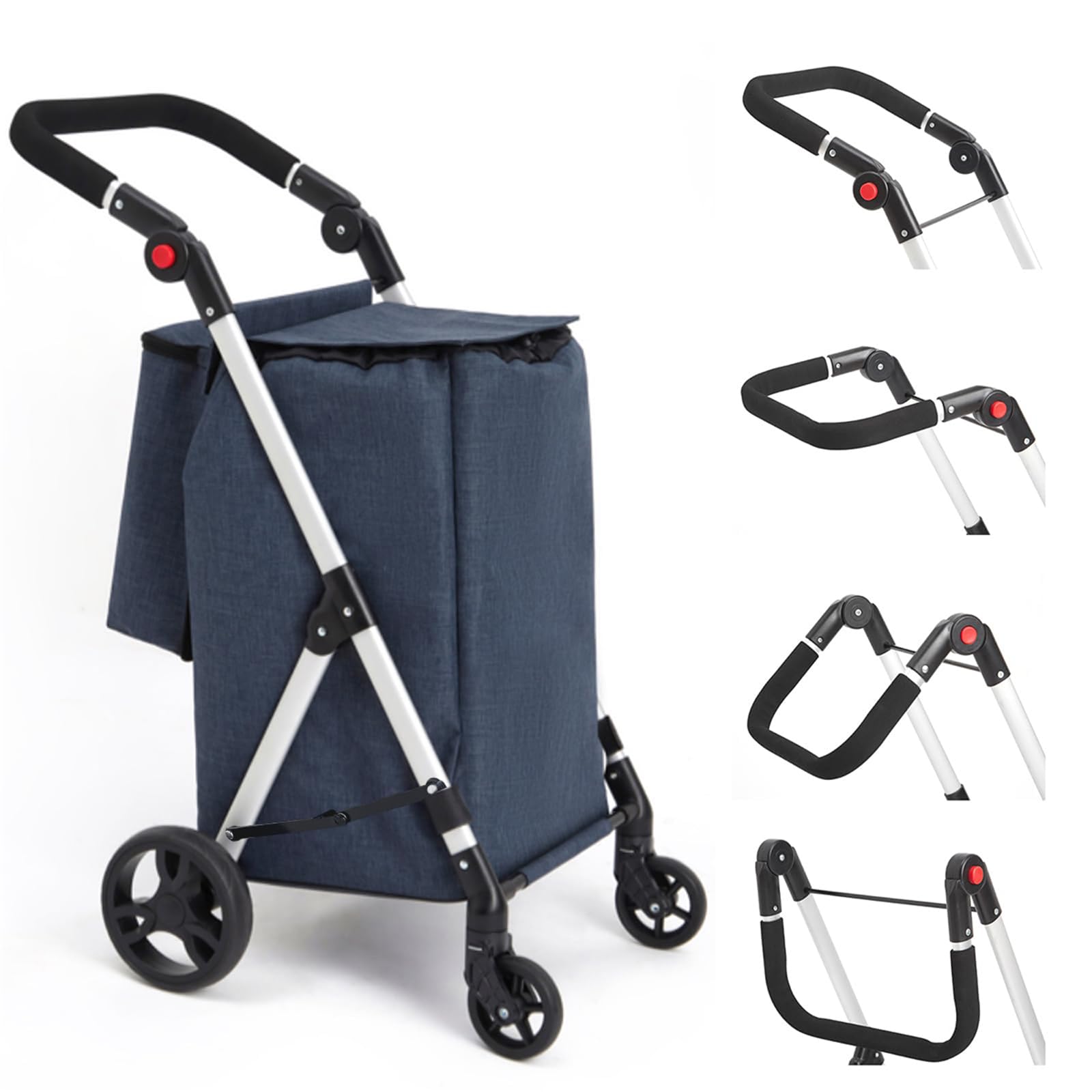 Grocery Trolley, 4 Wheel Aluminium Shopping Cart, 46L Folding Shopping Trolley with Insulated Cooling Bag (Blue)
