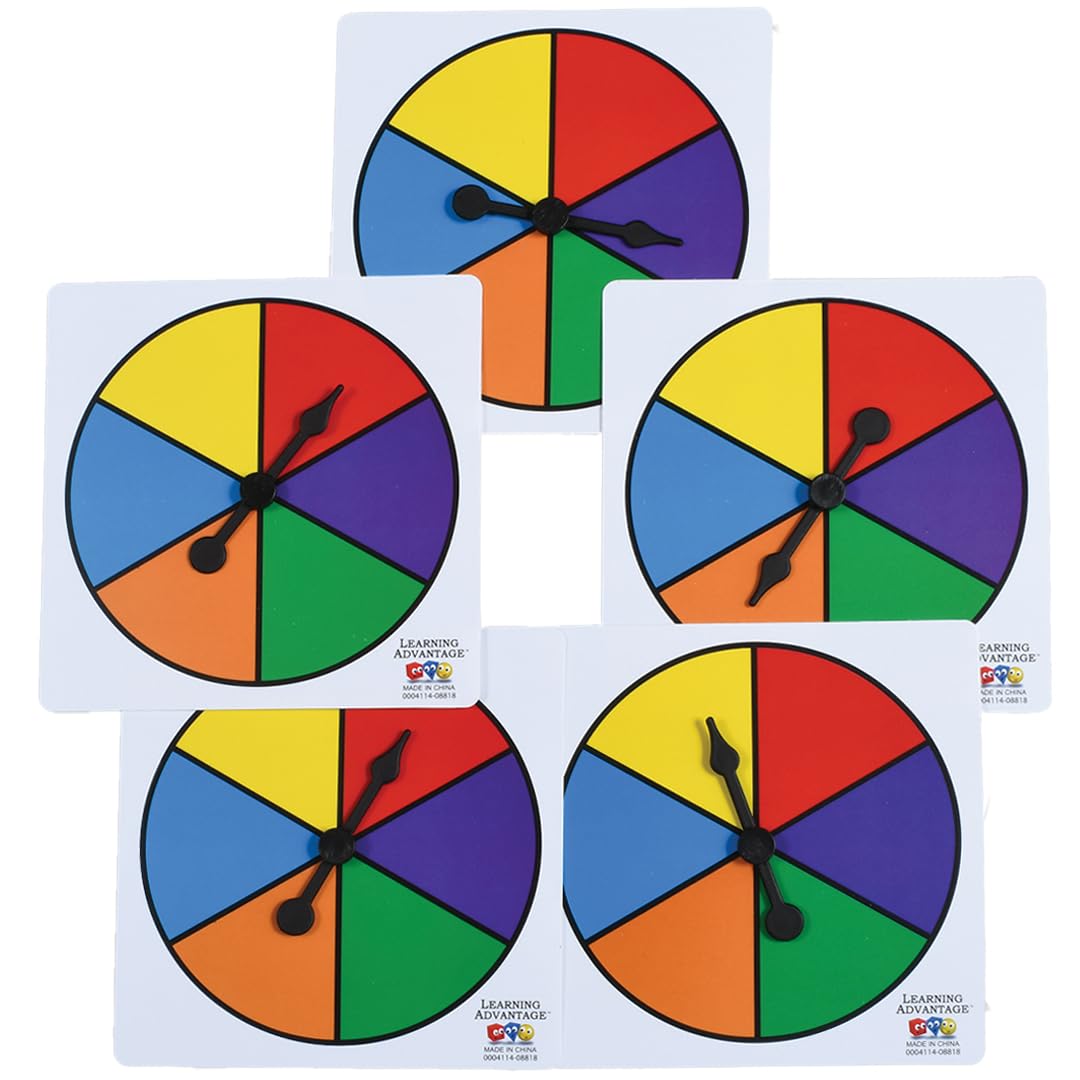 LEARNING ADVANTAGE Six-Color Spinners - Set of 5 - Game Spinner - Write On/Wipe Off Surface for Multiple Uses
