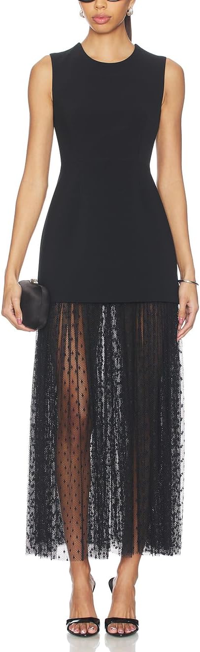 Capuffy Women Sleeveless Sheer Lace Maxi Dress Mesh Ruffles Cocktail Party Dress Flowy Sundresses 521