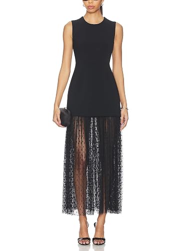 Women Sleeveless Sheer Lace Mesh Ruffles Maxi Dress Cocktail Party