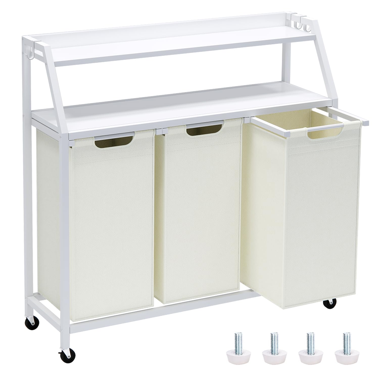 Laundry Hamper, Laundry Sorter 3 Section, Rolling Laundry Basket with Wheels, 2 Shelves, 3 × 14.5 Gal, Pull-Out and Removable Oxford Fabric Bags, for Laundry Room, White and Beige