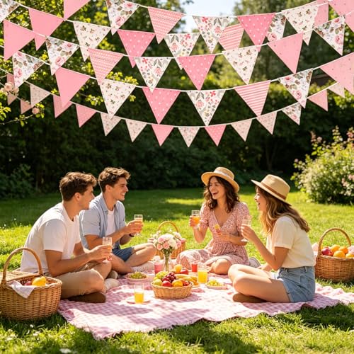 Image of Zwiebeco 32Ft Pink Fabric Floral Pennant Banner Bunting Cotton Pinkish Flowers Triangle Flags Party Decorations for Birthday Wedding Engagement Bridal Baby Shower Rustic Village Home Garden Decor