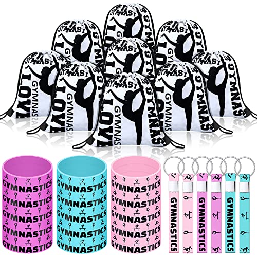 Sadnyy 32 Pcs Gymnastics Drawstring Backpack Gifts Set Gymnastics Rubber Bracelets Charm Keychain Gymnast Print Drawstring Bag for Gym Shopping Sport Yoga Women Men Party Favors