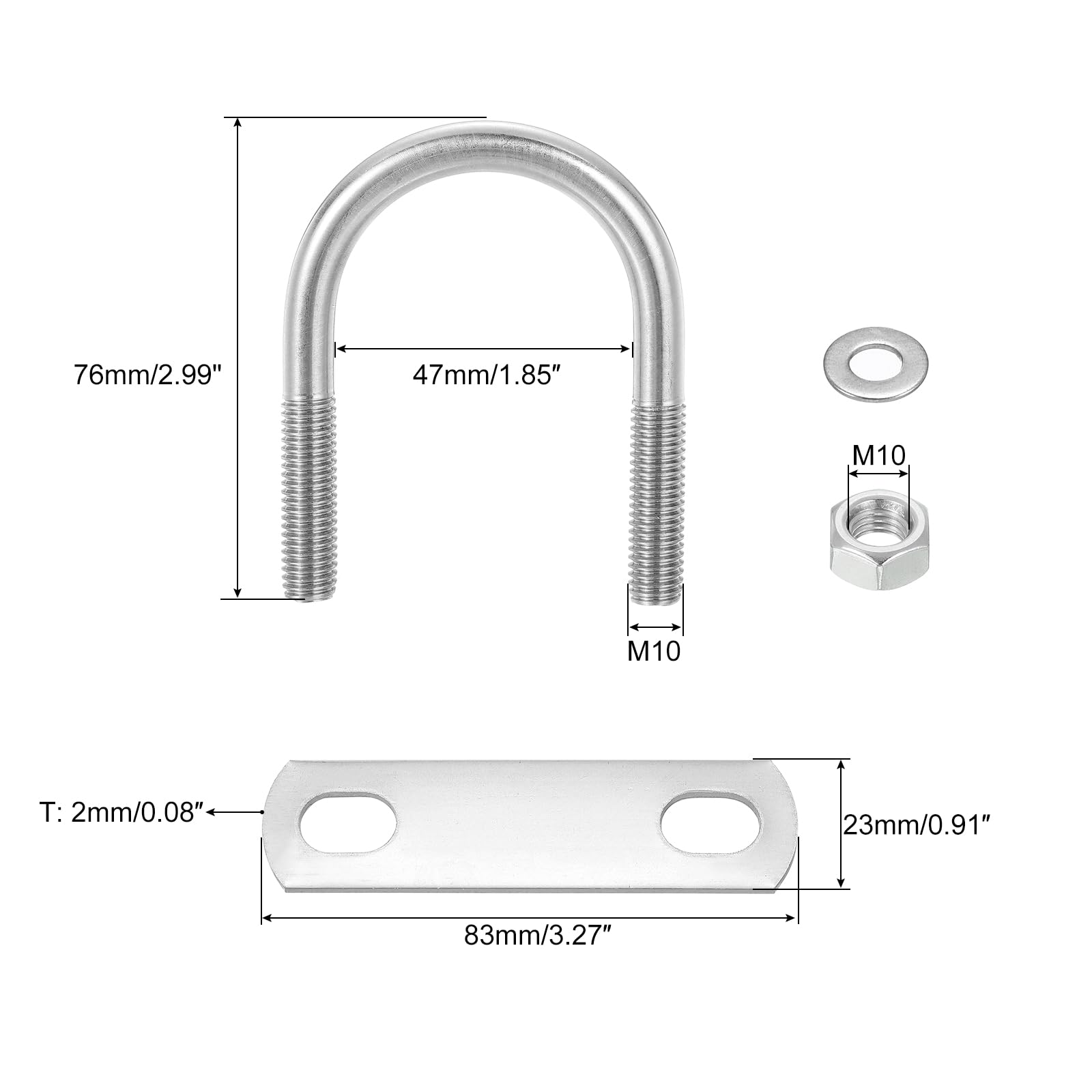 QUARKZMAN 8 Set U Schrauben M10 x 45mm ID x 76mm Länge Runde U Bügelschraube Edelstahl 304 Klammer Schellen U-Bolzen mit Gewinde Muttern Rahmenplatte Unterlegscheibe für Rohr Befestigung