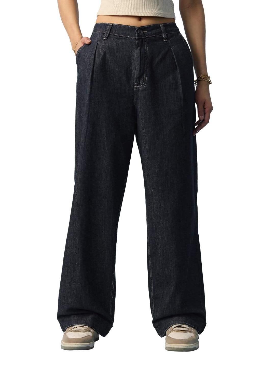 the souled store Baggy-Fit Denim: Atlantis Women and Girls Zip Fly Partially Elasticated Back Waistband Ink Blue Washed Cotton Denim Baggy Fit Front Pleat Detailing All-Season Jeans-picture-37