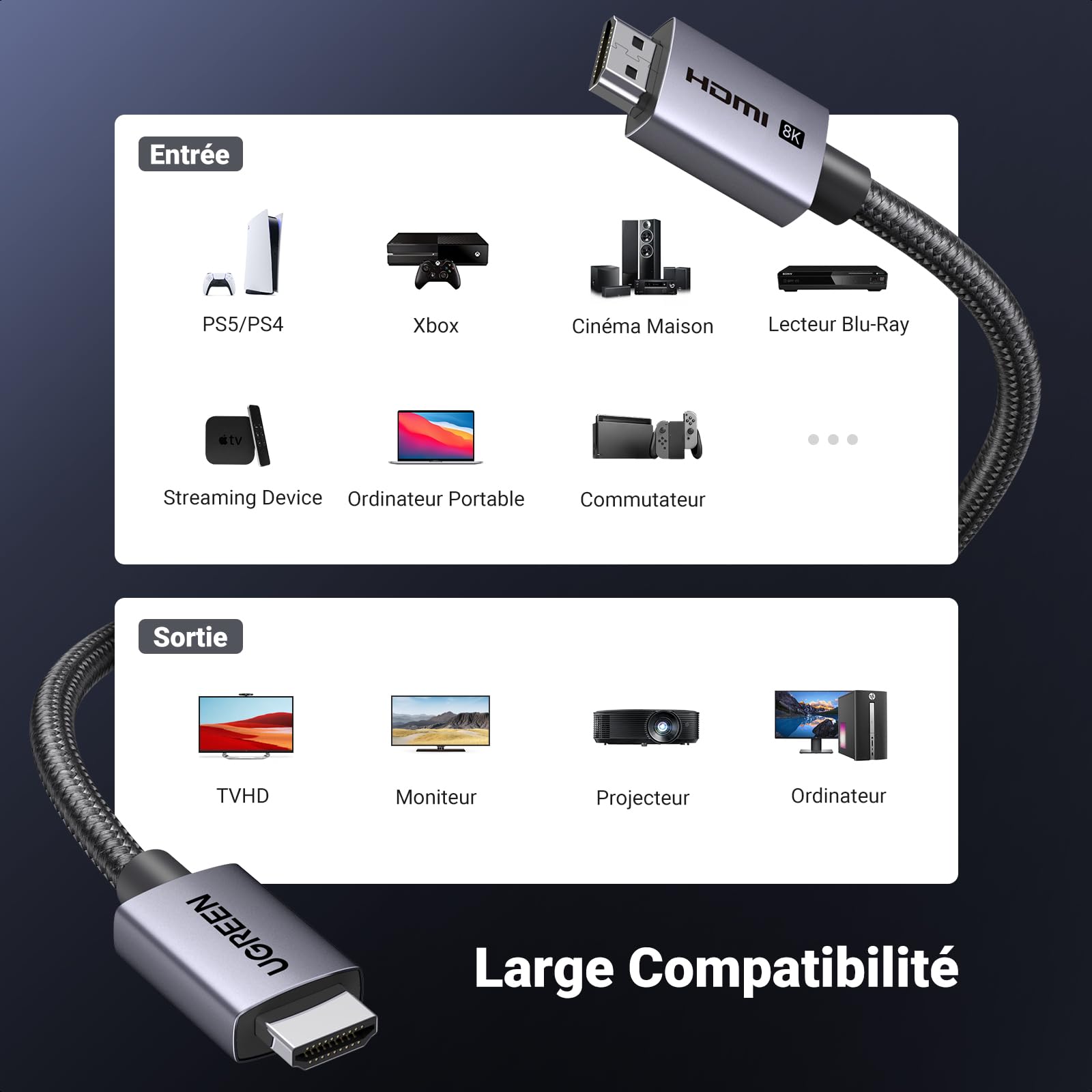 UGREEN 8K Câble HDMI 2.1 Certifié 10K 8K 60Hz 4K 240Hz Haute Vitesse 48Gbps Cordon HDMI Aluminium DynamicHDR Dolby Atmos HDCP Tressé en Nylon Compatible avec PS5 4 Xbox MacBook Pro Blu Ray HDTV (2M)