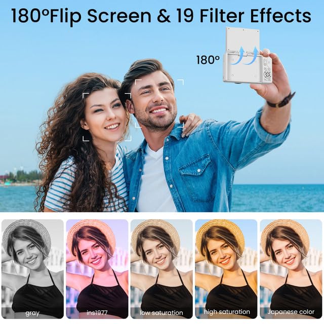 LAMA Digitalkamera, Mini Digitalkameras 5K 75MP Fotokamera mit 64G SD-Karte, Kompaktkamera 3,0 Zoll 180° Flip-Screen 18X Zoom Digital Kamera, Fotokamera für Kinder Teenager Anfänger (Weiß)