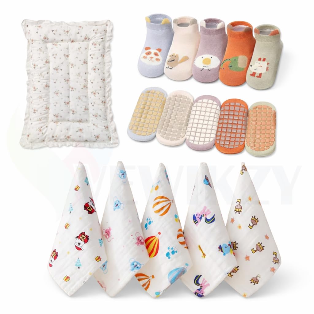 Newborn Baby Essentials Combo – Soft Baby Godadi(Random Print) with 5 Pairs Anti-Slip Baby Socks & 5 Pack Muslin Cotton Face Towels-image-28