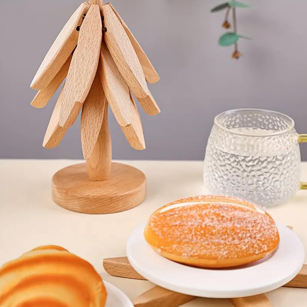 Set Sottopentola In Legno Xurise: 5 Pezzi A Forma Di Mulino A Vento + Supporto, Naturali E Multiuso - 3