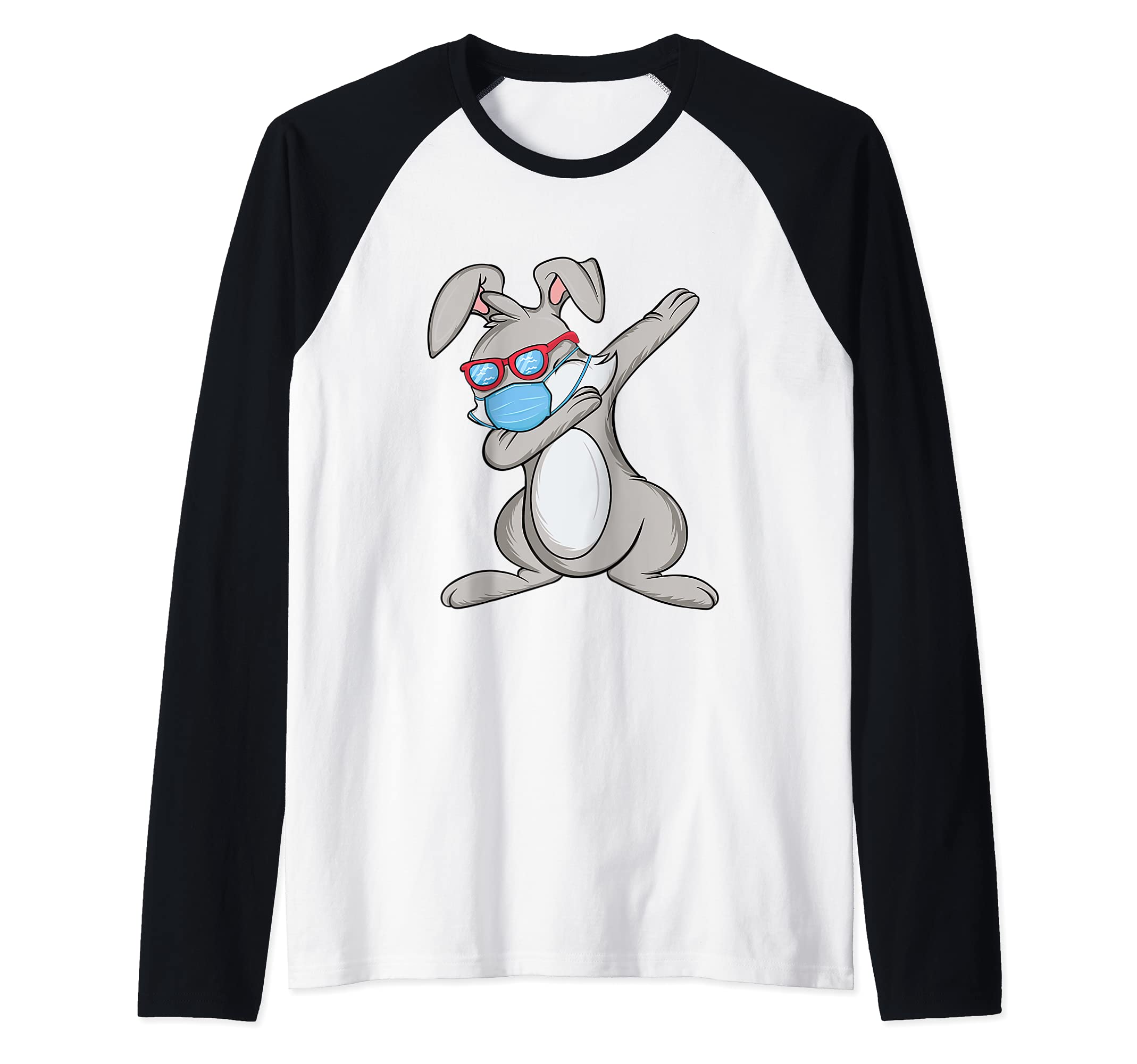 Dabbing Easter Bunny Wearing Face Mask Raglan Baseball Tee, Black