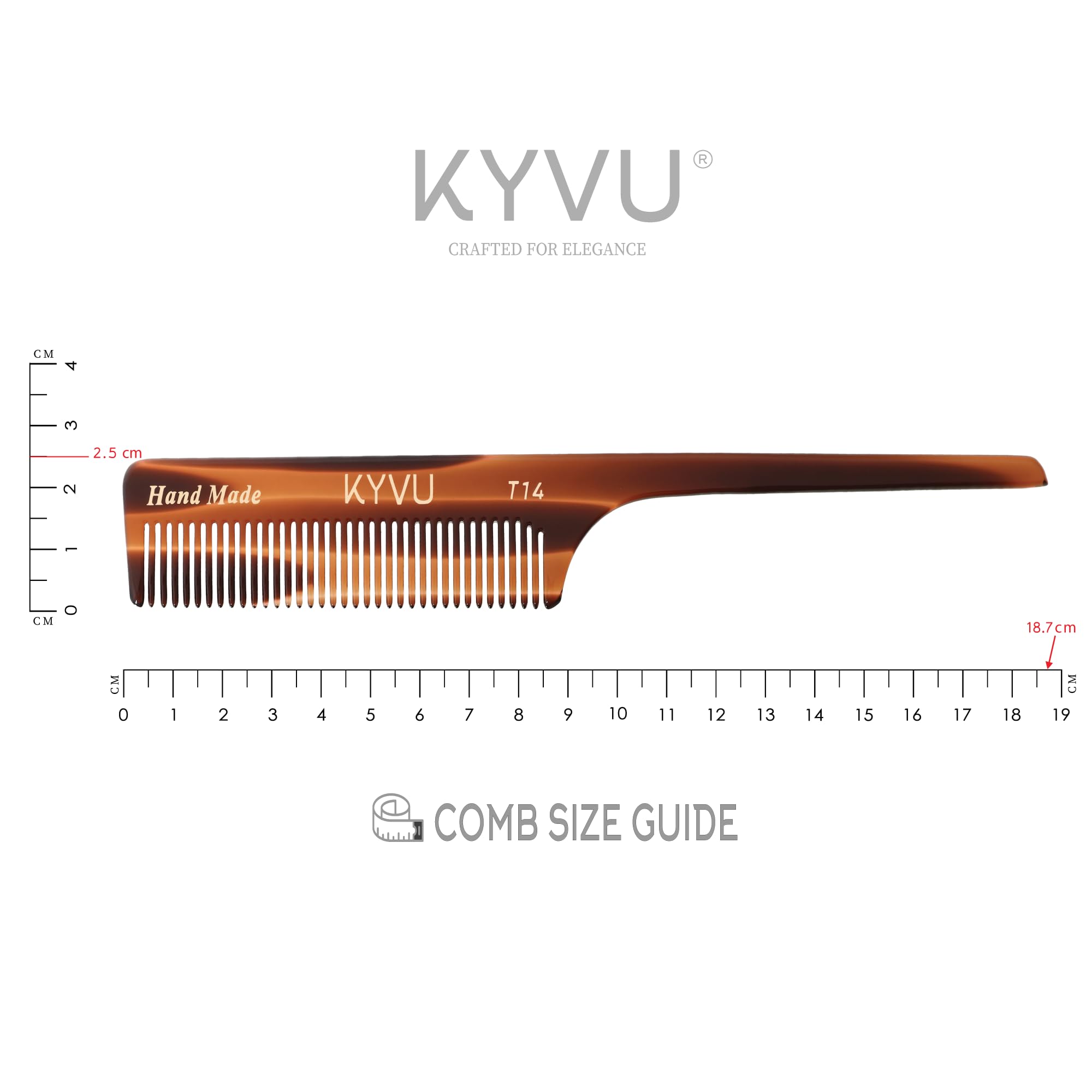 KYVU T14 Tail Comb with Handle - Handmade Fine-Tooth Styling Comb - 18.7 cm - Cellulose Acetate, Tortoiseshell Finish - Image 4