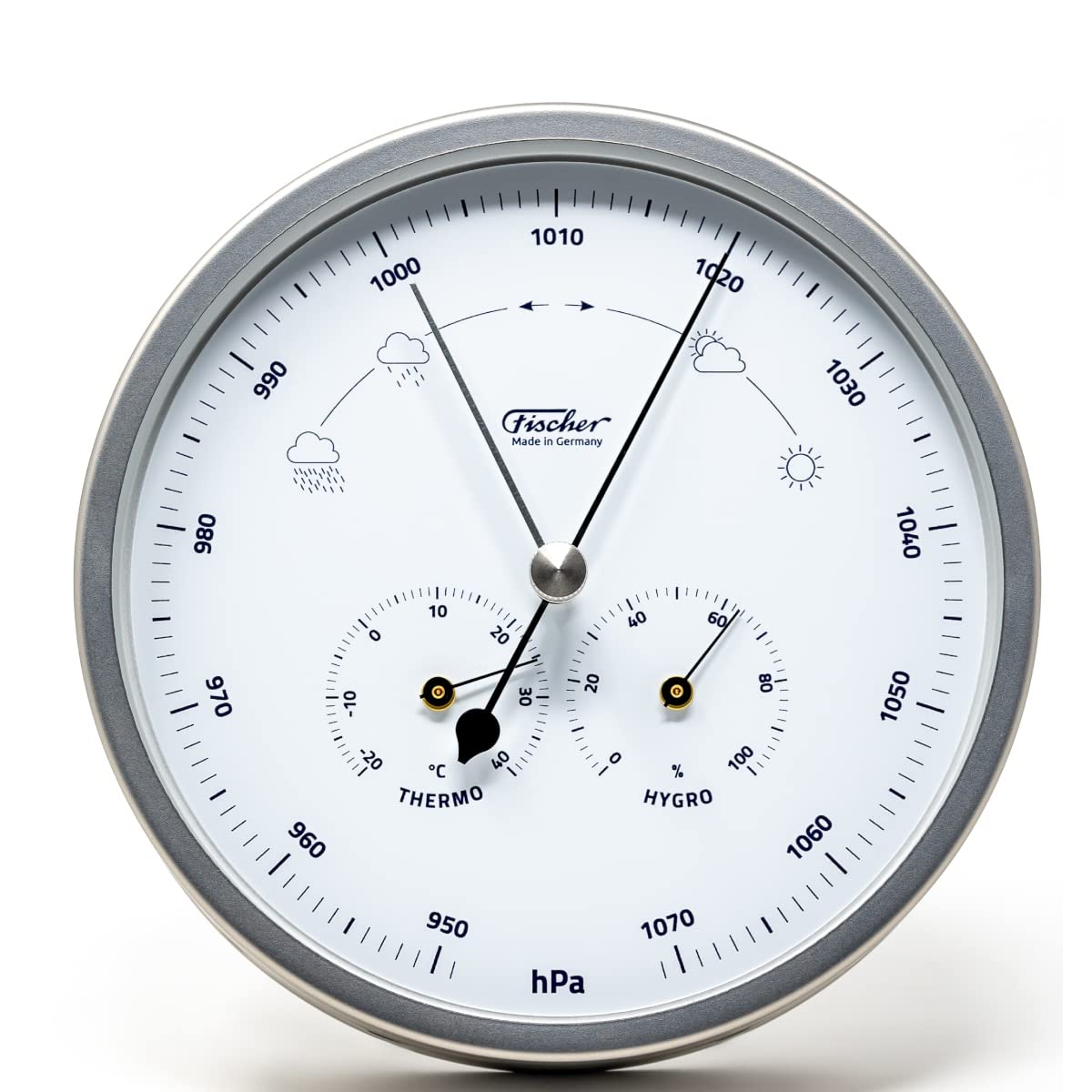 Fischer 1602-01 Außen-Wetterstation, Glas, Edelstahl, Polymeter | Thermometer, Barometer, Hygrometer, weißes Ziffernblatt, Messbereich 20-100 % r. F., 160mm Durchmesser, Made in Germany