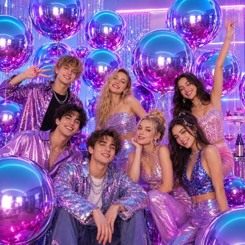 Image of Gradient Purple Round Foil Balloons Birthday Prom Decor 22 Inch 6 Pcs | Metallic Purple 4D Helium Ball Balloons for Graduation Wedding Anniversary Bachelorette Disco Prom Party Decorations