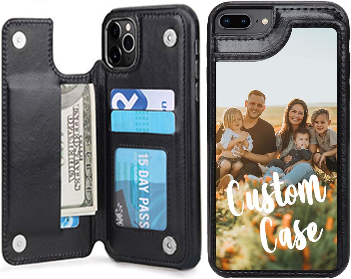 Custom Photo Wallet Case for iPhone 7 Plus/8 Plus,Customized Name PU Leather Cover with Credit Card Holder,Personalized Shockproof Interior Protective Cases,Uartify Black Flip iPhone Cases