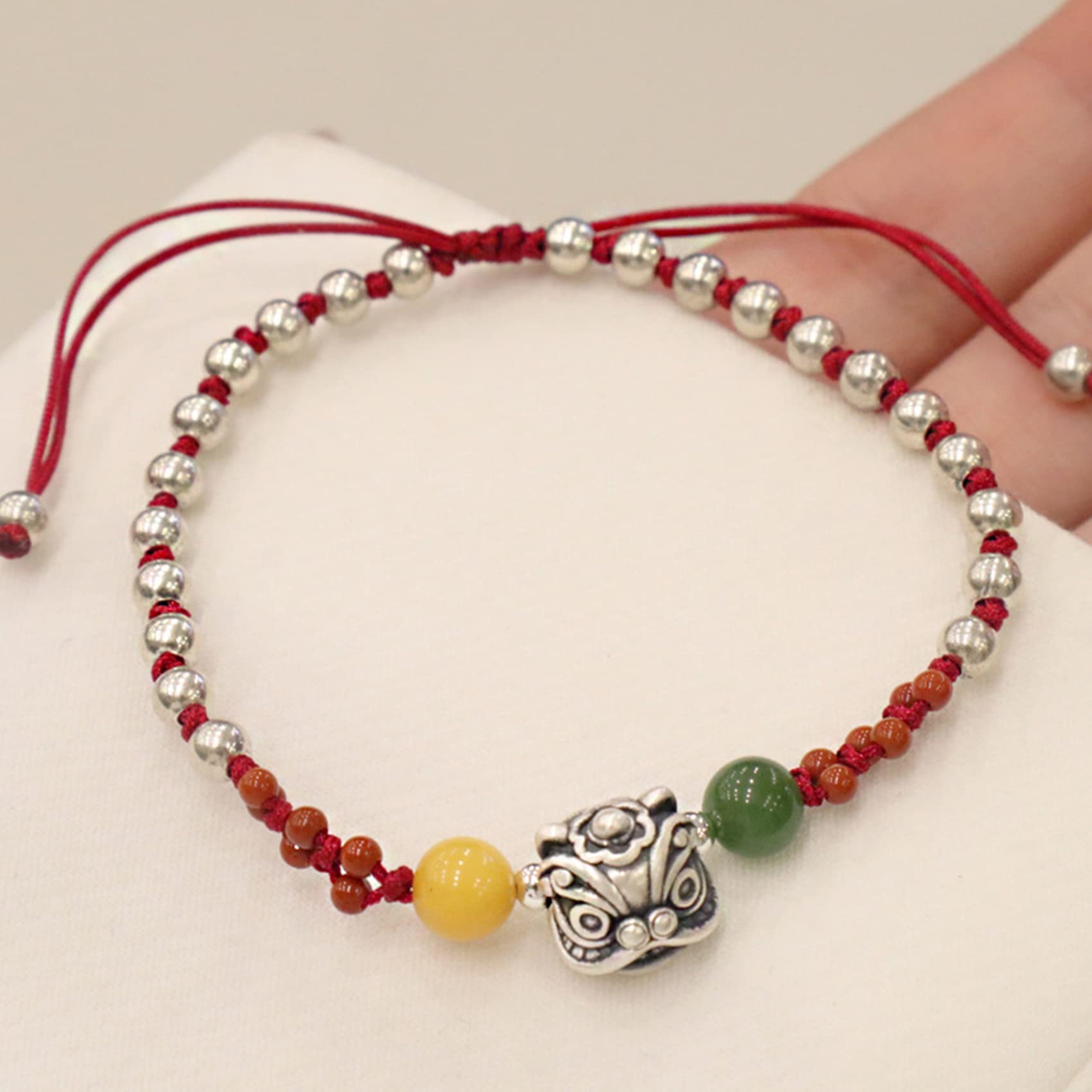Brazalete encantado Pulsera de plata de ley 999 con león danzante, accesorio de plata antigua for mujeres y hombres, pulsera tejida con hilo rojo, amuleto, buena suerte, riqueza, joyería, regalos for
