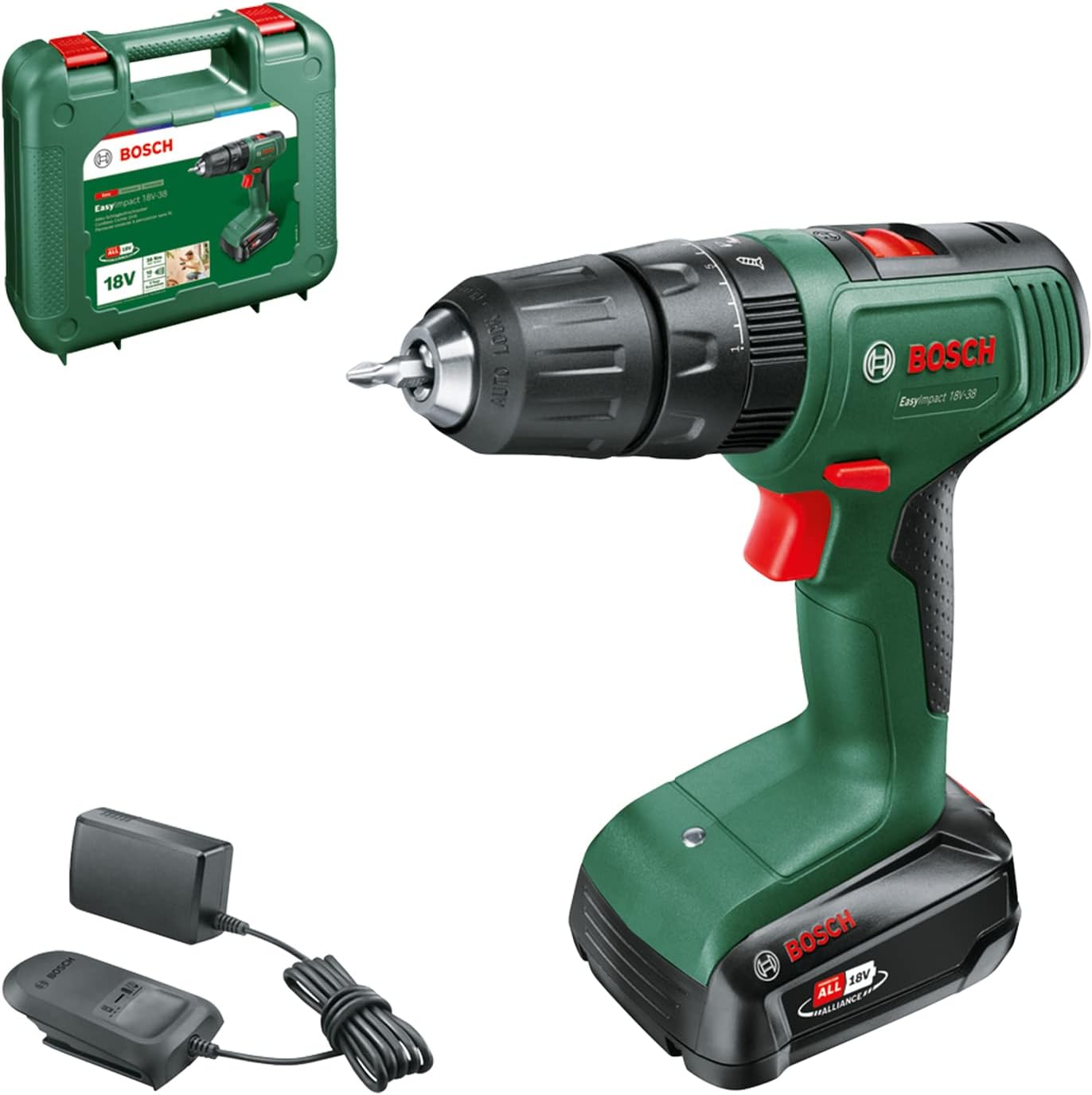 Bosch Home and Garden Trapano con percussione a batteria EasyImpact 18V-38 (1 da 2,0 Ah, sistema 18 volt, in custodia per il trasporto) Easyimpact 18v-38 Nuovo modello | 38 Nm | mandrino 10 mm 1 batteria da 2,0 Ah - Immagine 1